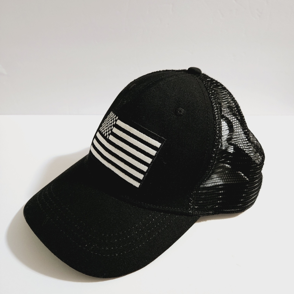 American Flag Embroidered Patch Hat Black Mesh Snapback Cap